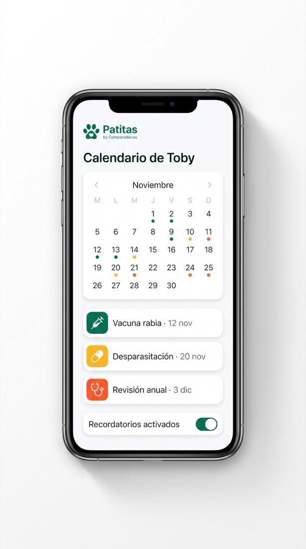 Pantalla del calendario de vacunas de la app Patitas