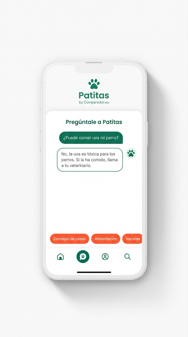 Pantalla del chat con IA de la app Patitas