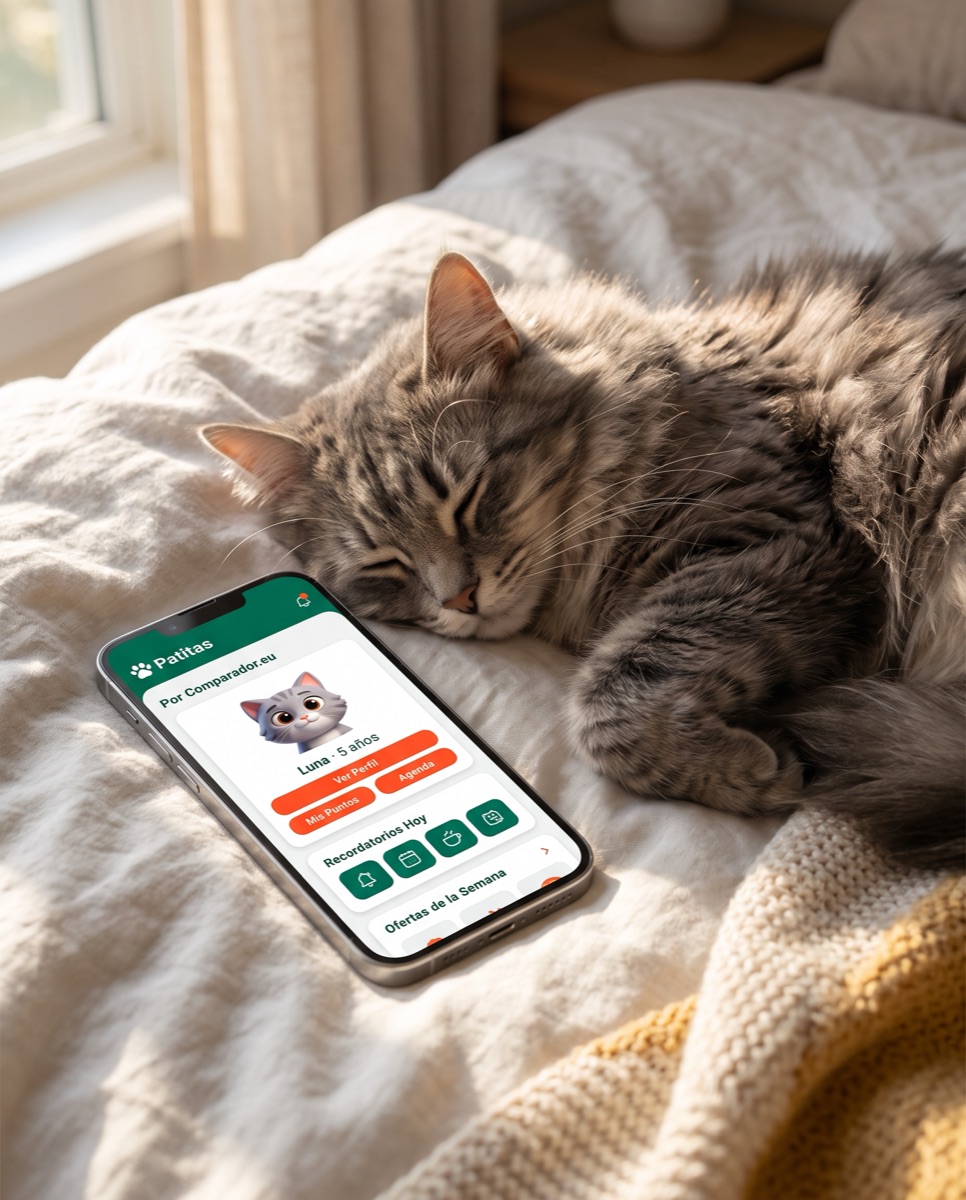 Un gato gris duerme junto a un móvil con la app Patitas abierta