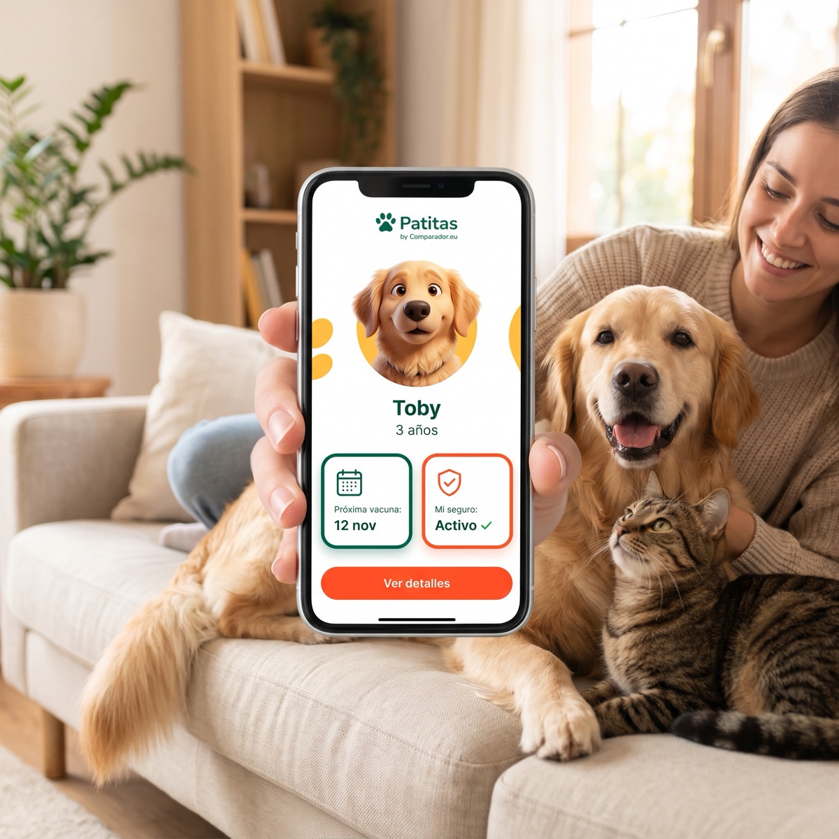 Una mujer en el sofá con su golden retriever y su gato enseña la app Patitas con el avatar de su perro